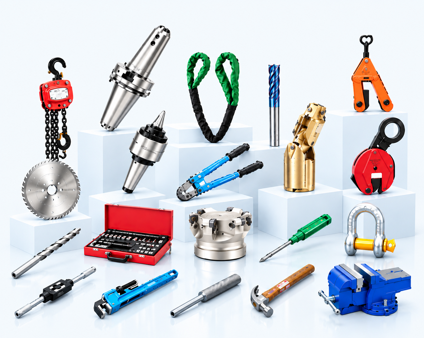 A selection of tools from the Steel Tools India range — one product from each of our 20 categories, from tool holders, centres and cutting tools to hand tools, hoists, lifting gear and pallet trucks.